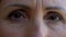 Extreme close-up of mature woman eyes, sad retired lady looking into camera