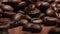 Extreme close-up of roasted coffee beans. Animation video of falling coffee beans in slow motion