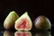 Extreme close up of two and a half sliced fresh fig fruits on a black background with reflections and waterdrops. Macro food textu