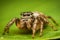 Extreme closeup of cute female jumping spider standing on a green leaf