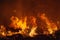 Extreme closeup of raging grass wildfire at night. Inspiration for danger, bushfire warning, posters or memes. Wallpaper or