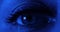 Extreme closeup of woman\'s opening beautiful eye in dark red and blue lights.