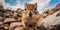 Extreme closupe of Chipmunk peeking at camera, blurred desert with blue sky on background