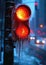 Extreme cold, Climate change, Urban Freeze, Close-Up of a Frozen Traffic Light with Icicles, Snowflakes Blurring the Red