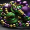 Extreme macro close-up on glitter in Mardi Gras carnival colors - purple, green and gold. Abstract textured background with copy-