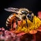 Extreme macro close-up photograph of a Bee on a flower, dark background, in the style of macro photography, generative ai