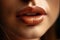 In an extreme macro close-up view, a woman& x27;s lips fill the frame, revealing intricate details and textures