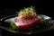 Extreme macro shot of melt-in-your-mouth bluefin tuna sashimi with intricate patterns, garnished with microgreens on a black plate