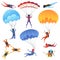 Extreme parachute sport. Adrenaline characters jumping paragliding and skydiving fly aerodynamics vector picture