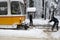 Extreme Snowboard ride behind a tram in Sofia