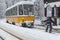 Extreme Snowboard ride behind a tram in Sofia