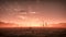 Extreme spooky dry misty desert landscape with dead trees at sunset. Cloudy sky.