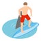 Extreme sport icon isometric vector. Surfer boy close encounter with shark icon