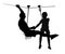 Extreme sportsman took down with rope. Man climbing silhouette.