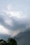 Extreme thunderstorm shelf cloud. Summer landscape of severe weather