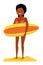 Extreme Water Sport. Surfing. African Surfer Girl Holding Surf Board. Summer Vacation. Cartoon vector illustration. Sea