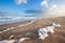 Extreme wide-angle scenic at Pensacola Beach in Florida. Seagulls, breakers, blue skies