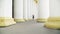 Extreme wide shot of graceful slim young ballerina dancing on tiptoes between enormous white columns. Beautiful