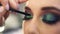 Extremely close applying shine bright green shadows on eye corner. Beautiful caucasian model