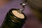 Extremely close up view of bottleneck of wine bottle and bottle-screw swirling cork. Wine bottle