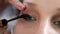 Extremely close of a young woman`s eye. Make up artist carefully applying a black mascara. Caucasian model with green