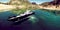 Extremely detailed and realistc high resolution 3D illustration of a luxury Super Yacht at a tropcial Island