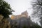 Extremely foggy view of the famous yellow Pena Palace during winter