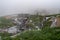 Extremely foggy view of Independence Mine in Palmer Alaska along Hatcher Pass