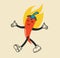 Extremely super hot retro red chilli paprika cartoon pepper smiling haracter surrounded by flames