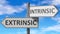 Extrinsic and intrinsic as a choice, pictured as words Extrinsic, intrinsic on road signs to show that when a person makes
