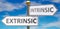 Extrinsic and intrinsic as different choices in life - pictured as words Extrinsic, intrinsic on road signs pointing at opposite