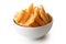 Extruded bacon flavoured chips in white ceramic dish isolated on