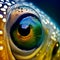 Eye of aquarium fish framed by green scales close-up,