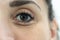 Eye bags close up on woman face with dark hair