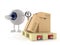 Eye ball character with hand pallet truck with cardboard boxes