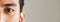 Eye banner, portrait and man for optometry, vision and mockup for healthcare advertising. Half face, closeup and person