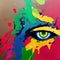 Eye on a bright multicolored background with splashes. Rainbow eye. AI-generated