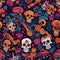 Eye-catching Dia de los Muertos seamless pattern with detailed skeletons and lively flowers.