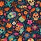 Eye-catching Dia de los Muertos seamless pattern with detailed skeletons and lively flowers.