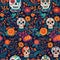 Eye-catching Dia de los Muertos seamless pattern with detailed skeletons and lively flowers.