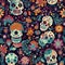 Eye-catching Dia de los Muertos seamless pattern with detailed skeletons and lively flowers.