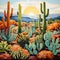 Eye-catching mosaic art featuring intricate succulents and cacti in a vibrant desert landscape