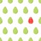 Eye catching seamless pattern with green guava whole fruit and one pink cut in half.