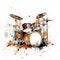 Eye-catching White Paint Splashed Drum Kit On A Dark Orange And Beige Background