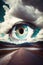 Eye with clouds in the background and road in the foreground with lake in the middle. Generative AI