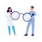 Eye doctor woman and male nurse holding a giant pair of glasses