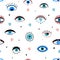 Eye doodles seamless pattern. Hand drawn various eyes talismans, different shapes mystic elements, trendy print fabric