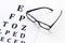 Eye examination. Eyesight test chart and glasses on white background