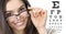 Eye examination, woman smiling with spectacles  in optician office with eye chart in white background, prevention and