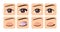 Eye and Eyebrow Make Up. Before After. Set of Icons. Open and Closed eye. Applying Cosmetics. Eye Shadow Pencil and Liner. Flat